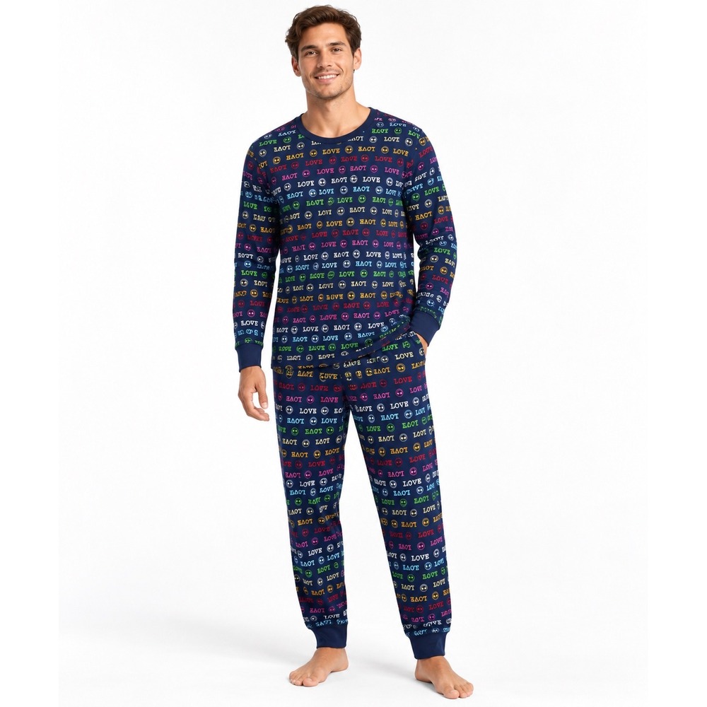 Family PJs Mens Large Navy Blue Love Smiley Face 2-Piece Pajama Set NWT